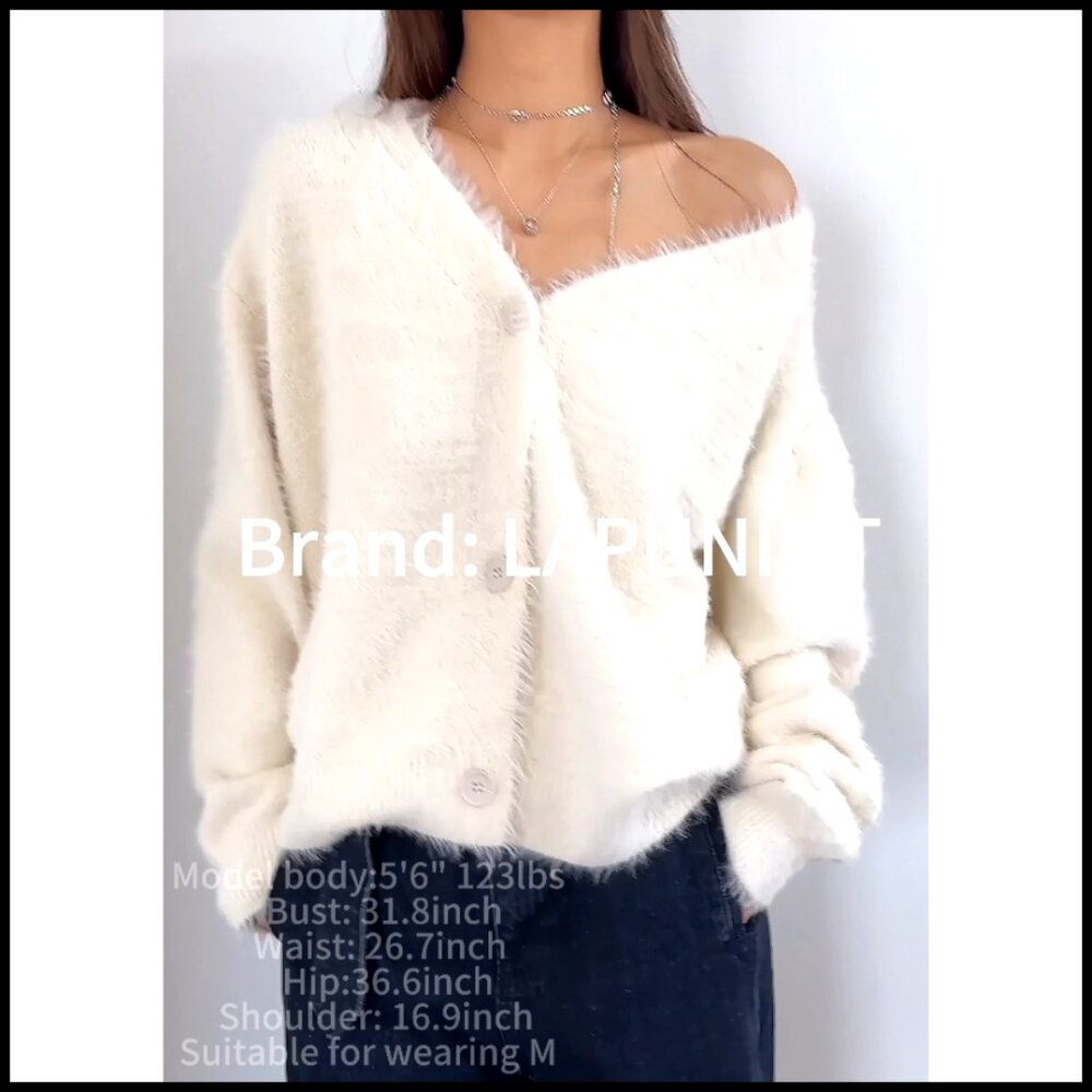 Oversized Mohair Cardigan Sweater V-Neck Button Down Fuzzy Knit Women's - Picture 6 of 6